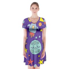 Card-with-lovely-planets Short Sleeve V-neck Flare Dress by Simbadda