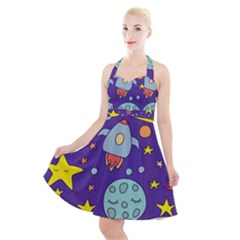 Card-with-lovely-planets Halter Party Swing Dress  by Simbadda