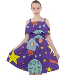 Card-with-lovely-planets Cut Out Shoulders Chiffon Dress by Simbadda