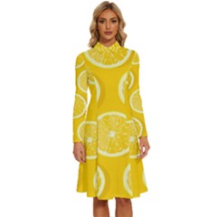 Lemon-fruits-slice-seamless-pattern Long Sleeve Shirt Collar A-line Dress by Simbadda