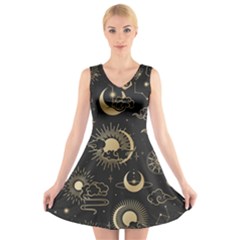 Asian-seamless-pattern-with-clouds-moon-sun-stars-vector-collection-oriental-chinese-japanese-korean V-neck Sleeveless Dress by Simbadda