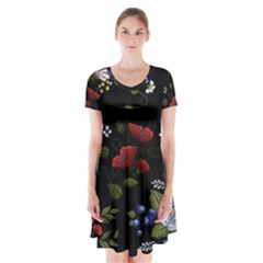 Floral-folk-fashion-ornamental-embroidery-pattern Short Sleeve V-neck Flare Dress by Simbadda