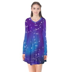 Realistic-night-sky-poster-with-constellations Long Sleeve V-neck Flare Dress by Simbadda