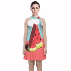 Strawberries Fruit Velvet Halter Neckline Dress  by Grandong