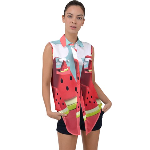 Strawberries Fruit Sleeveless Chiffon Button Shirt by Grandong