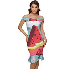 Strawberries Fruit Off Shoulder Ruffle Split Hem Bodycon Dress by Grandong