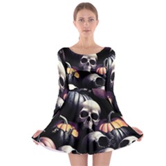 Halloween Party Skulls, Demonic Pumpkins Pattern Long Sleeve Skater Dress by Casemiro