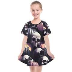 Halloween Party Skulls, Demonic Pumpkins Pattern Kids  Smock Dress by Casemiro