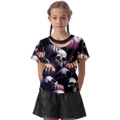 Halloween Party Skulls, Demonic Pumpkins Pattern Kids  Front Cut Tee by Casemiro