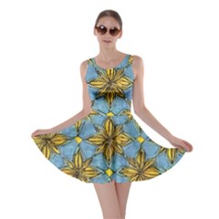 Gold Abstract Flowers Pattern At Blue Background Skater Dress by Casemiro