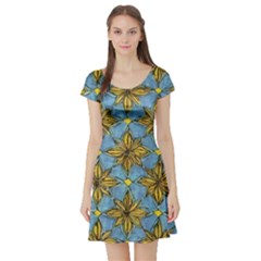 Gold Abstract Flowers Pattern At Blue Background Short Sleeve Skater Dress by Casemiro