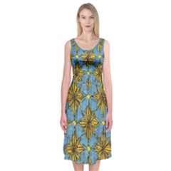 Gold Abstract Flowers Pattern At Blue Background Midi Sleeveless Dress by Casemiro