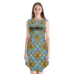 Gold Abstract Flowers Pattern At Blue Background Sleeveless Chiffon Dress   by Casemiro