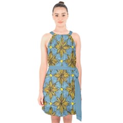 Gold Abstract Flowers Pattern At Blue Background Halter Collar Waist Tie Chiffon Dress by Casemiro