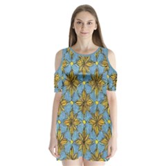 Gold Abstract Flowers Pattern At Blue Background Shoulder Cutout Velvet One Piece by Casemiro