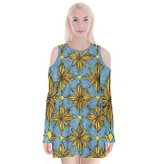 Gold Abstract Flowers Pattern At Blue Background Velvet Long Sleeve Shoulder Cutout Dress by Casemiro