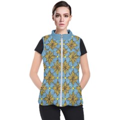 Gold Abstract Flowers Pattern At Blue Background Women s Puffer Vest by Casemiro