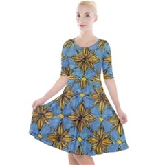 Gold Abstract Flowers Pattern At Blue Background Quarter Sleeve A-line Dress by Casemiro