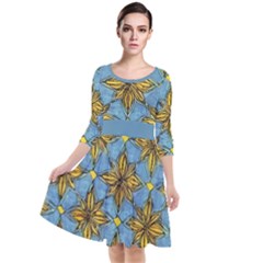 Gold Abstract Flowers Pattern At Blue Background Quarter Sleeve Waist Band Dress by Casemiro