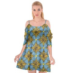 Gold Abstract Flowers Pattern At Blue Background Cutout Spaghetti Strap Chiffon Dress by Casemiro