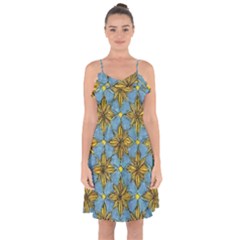 Gold Abstract Flowers Pattern At Blue Background Ruffle Detail Chiffon Dress by Casemiro