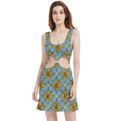 Gold Abstract Flowers Pattern At Blue Background Velour Cutout Dress by Casemiro