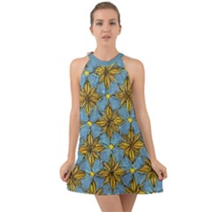 Gold Abstract Flowers Pattern At Blue Background Halter Tie Back Chiffon Dress by Casemiro