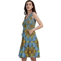 Gold Abstract Flowers Pattern At Blue Background Sleeveless V-neck Skater Dress With Pockets by Casemiro