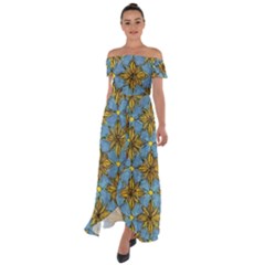 Gold Abstract Flowers Pattern At Blue Background Off Shoulder Open Front Chiffon Dress by Casemiro