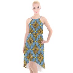 Gold Abstract Flowers Pattern At Blue Background High-low Halter Chiffon Dress  by Casemiro