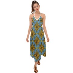 Gold Abstract Flowers Pattern At Blue Background Halter Tie Back Dress  by Casemiro