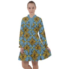 Gold Abstract Flowers Pattern At Blue Background All Frills Chiffon Dress by Casemiro