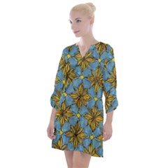 Gold Abstract Flowers Pattern At Blue Background Open Neck Shift Dress by Casemiro