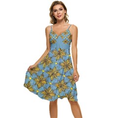 Gold Abstract Flowers Pattern At Blue Background Sleeveless Tie Front Chiffon Dress by Casemiro