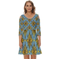 Gold Abstract Flowers Pattern At Blue Background Shoulder Cut Out Zip Up Dress by Casemiro