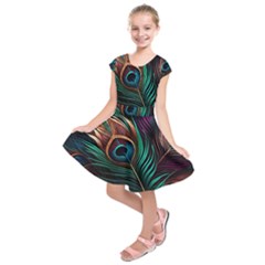 Peacock Feathers Nature Feather Pattern Kids  Short Sleeve Dress by pakminggu