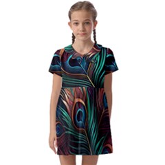 Peacock Feathers Nature Feather Pattern Kids  Asymmetric Collar Dress by pakminggu