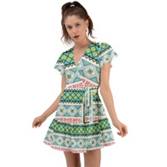 Ukraine Ornament Pattern Symbolism Geometric Flutter Sleeve Wrap Dress by pakminggu