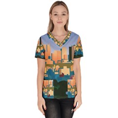 City Buildings Urban Dawn Women s V-neck Scrub Top by Bangk1t