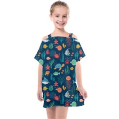 Variety Of Fish Illustration Turtle Jellyfish Art Texture Kids  One Piece Chiffon Dress by Bangk1t