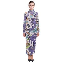 Purple Orange Green Blue Cartoon Turtleneck Maxi Dress by Bangk1t