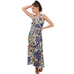 Purple Orange Green Blue Cartoon V-neck Chiffon Maxi Dress by Bangk1t