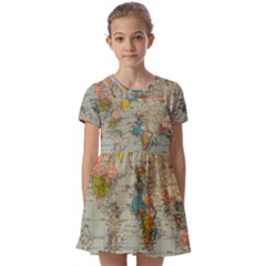 Vintage World Map Kids  Short Sleeve Pinafore Style Dress by pakminggu