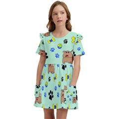 Dog Pattern Seamless Blue Background Scrapbooking Kids  Frilly Sleeves Pocket Dress by pakminggu