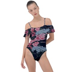 Pink Peony  Flower Frill Detail One Piece Swimsuit by artworkshop