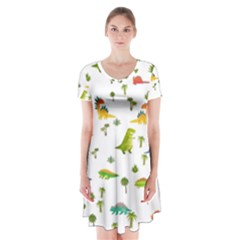 Vector Baby Dino Seamless Pattern Short Sleeve V-neck Flare Dress by Grandong