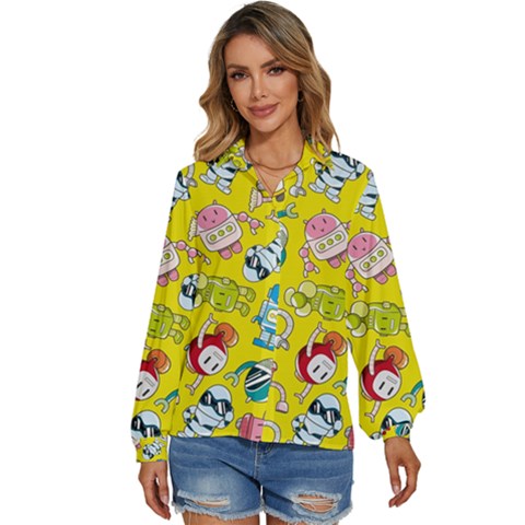 Robot Pattern Women s Long Sleeve Button Up Shirt by Grandong