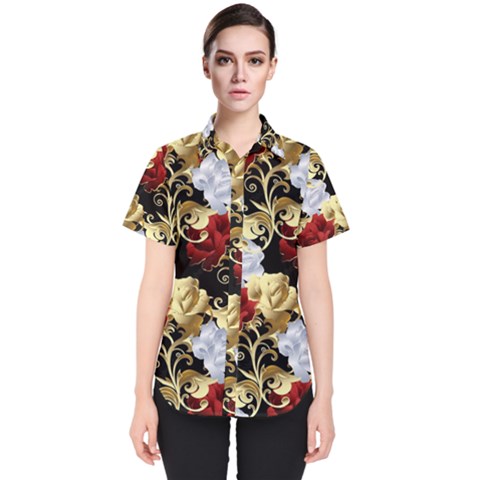 Roses Seamless Pattern Women s Short Sleeve Shirt by Grandong