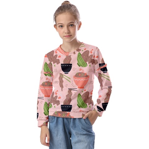 Japanese Street Food Soba Noodle In Bowl Pattern Kids  Long Sleeve Tee With Frill  by Grandong