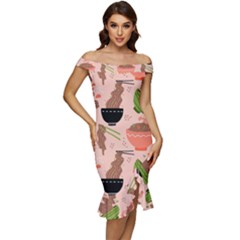 Japanese Street Food Soba Noodle In Bowl Pattern Off Shoulder Ruffle Split Hem Bodycon Dress by Grandong